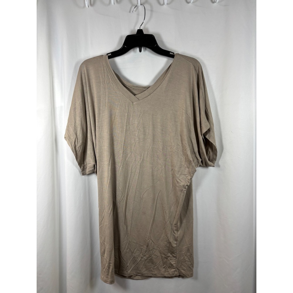 Lock and Love Womens V Neck Dolman Short Sleeve Tunic Top Tan M NEW